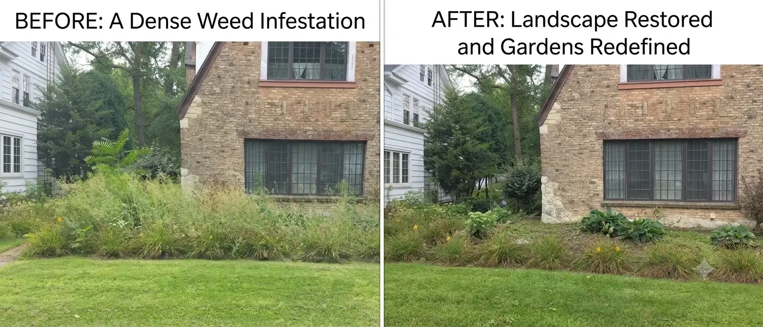 Before-and-after landscape restoration project showing a dense weed infestation transformed into a restored garden beside a brick house.