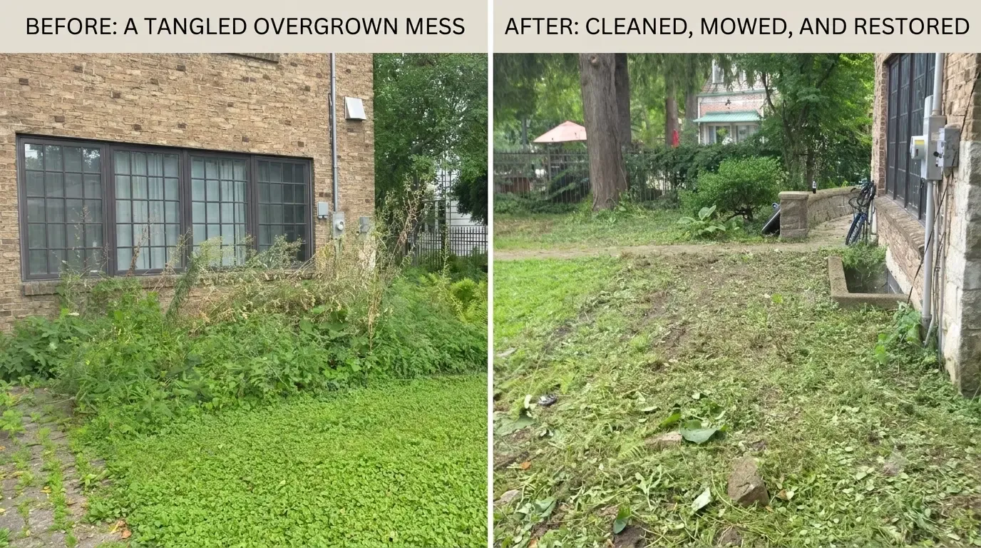 Before-and-after overgrown-area cleanup showing a tangled garden beside a stone building cleared, mowed, and restored.